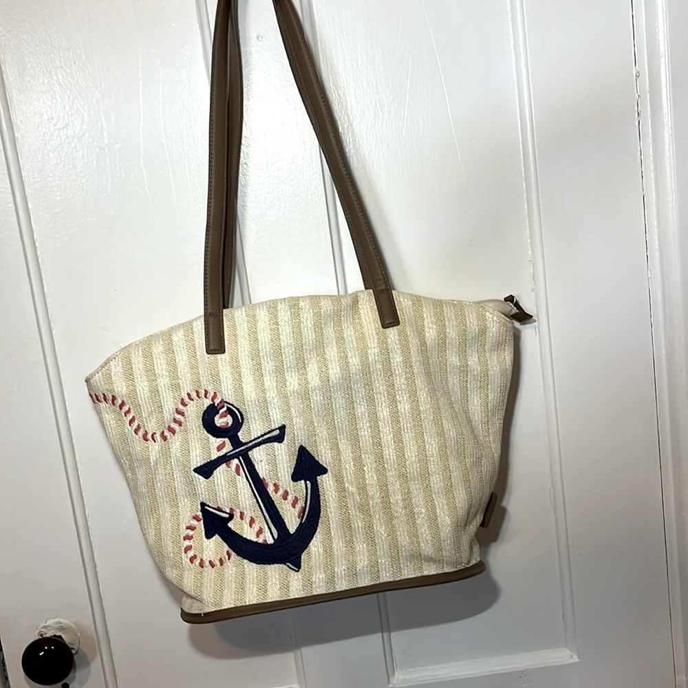 Vera Bradley Regetta Anchor Navy Straw Tote Shoulder Bag